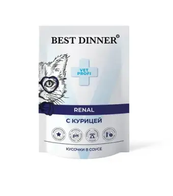 Влажный для кошек паучи Best Dinner Vet Profi Renal 0,085кг (диета при почечной недостаточности) курица кусочки в соусе. 24 упаковки