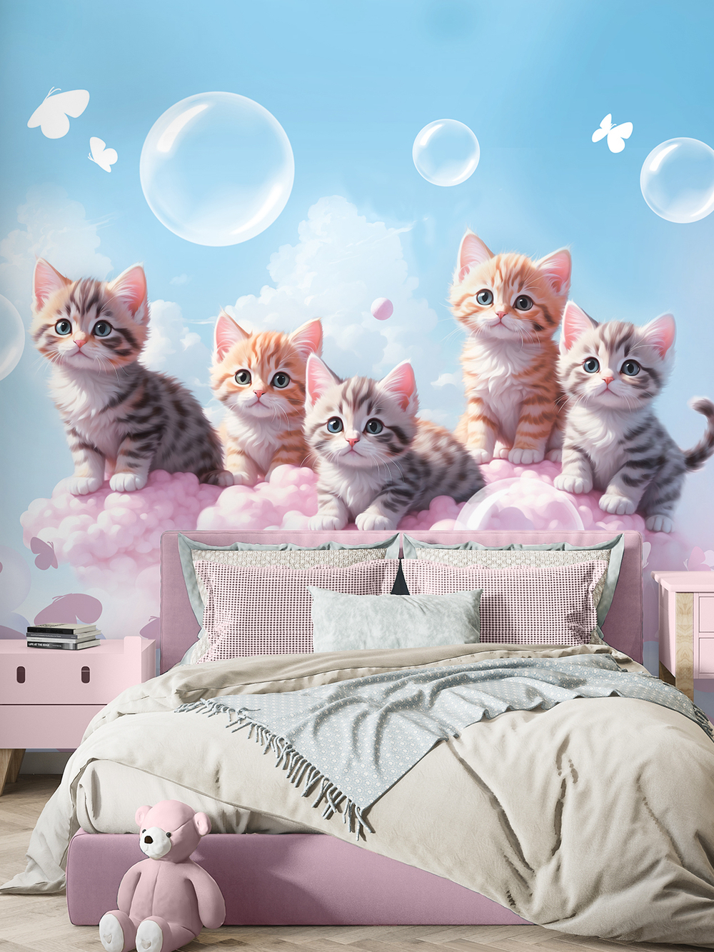 Фотообои для девочки милые котики и бабочки