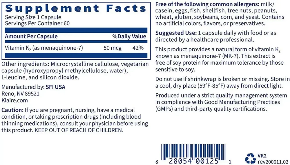 Klaire Labs - Vitamin K2 60 capsules