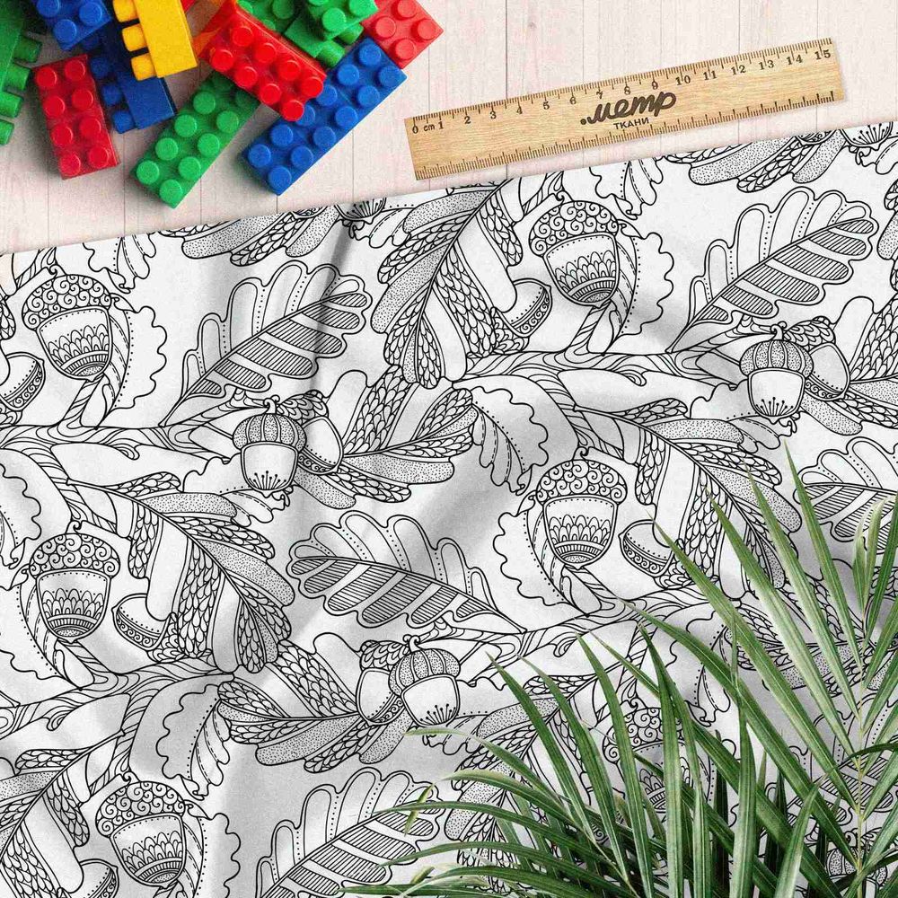 Ткань атлас дубовые силуэты и желуди