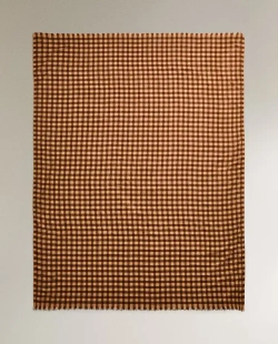 ZARA HOME ФЛИСОВЫЙ ПЛЕД В КЛЕТКУ, КОРИЧНЕВЫЙ