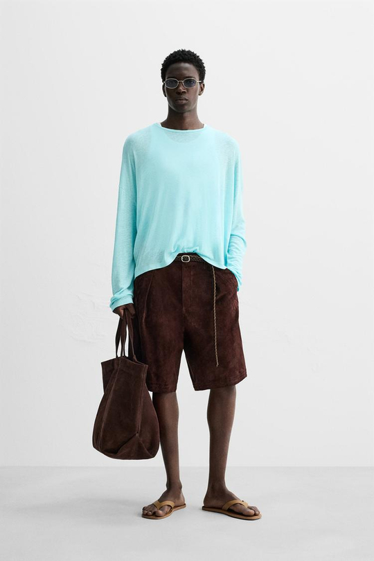 ZARA ФУТБОЛКА ИЗ ВИСКОЗЫ И ЛЬНА, БИРЮЗОВЫЙ