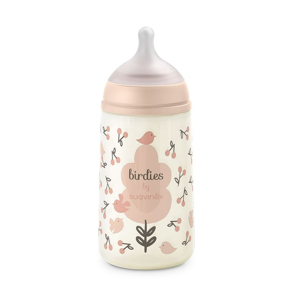 Бутылочка для кормления Suavinex Birdies 270 мл, розовая, 3 мес+