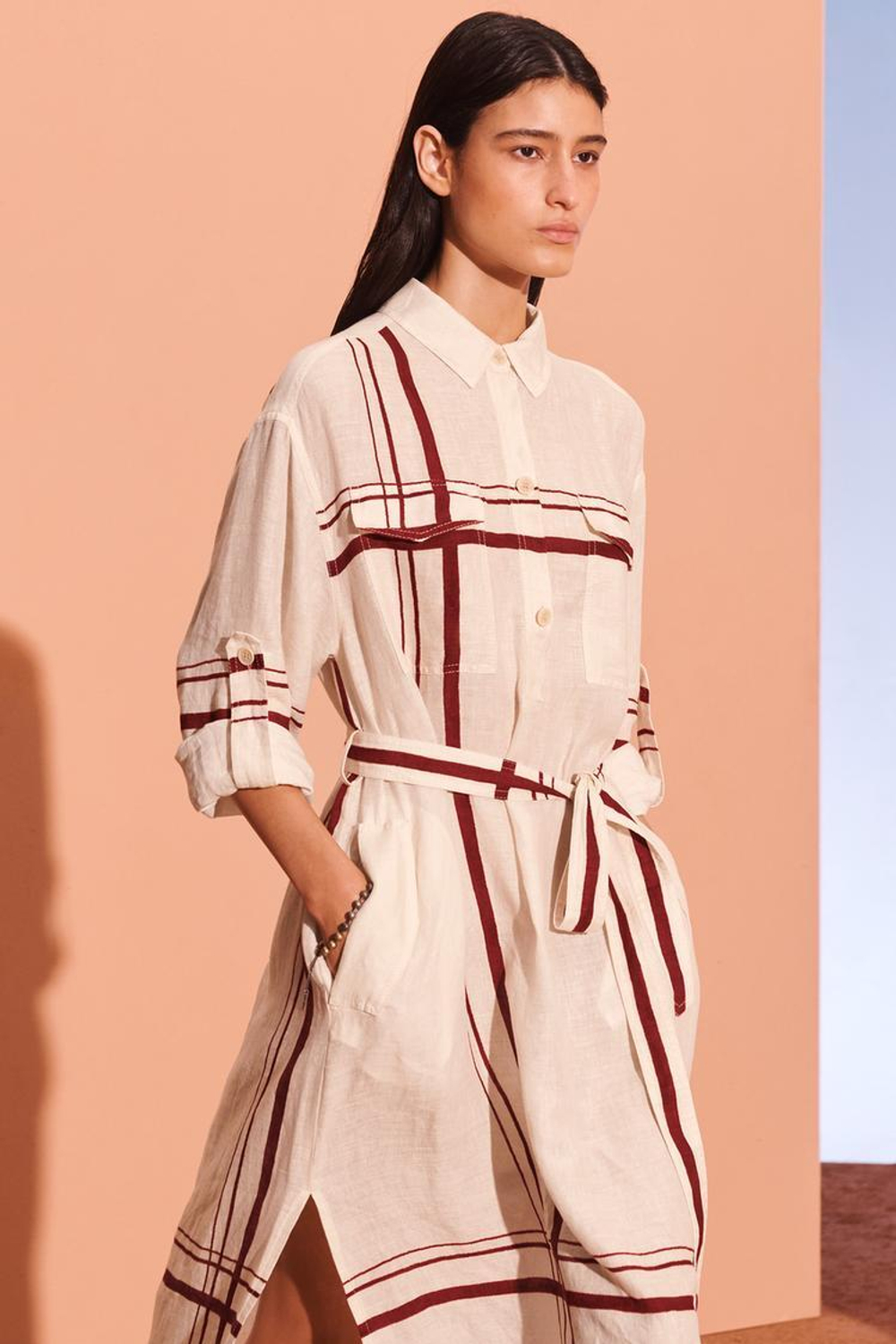 ZARA ПЛАТЬЕ-РУБАШКА, ЭКРЮ/КРАСНЫЙ