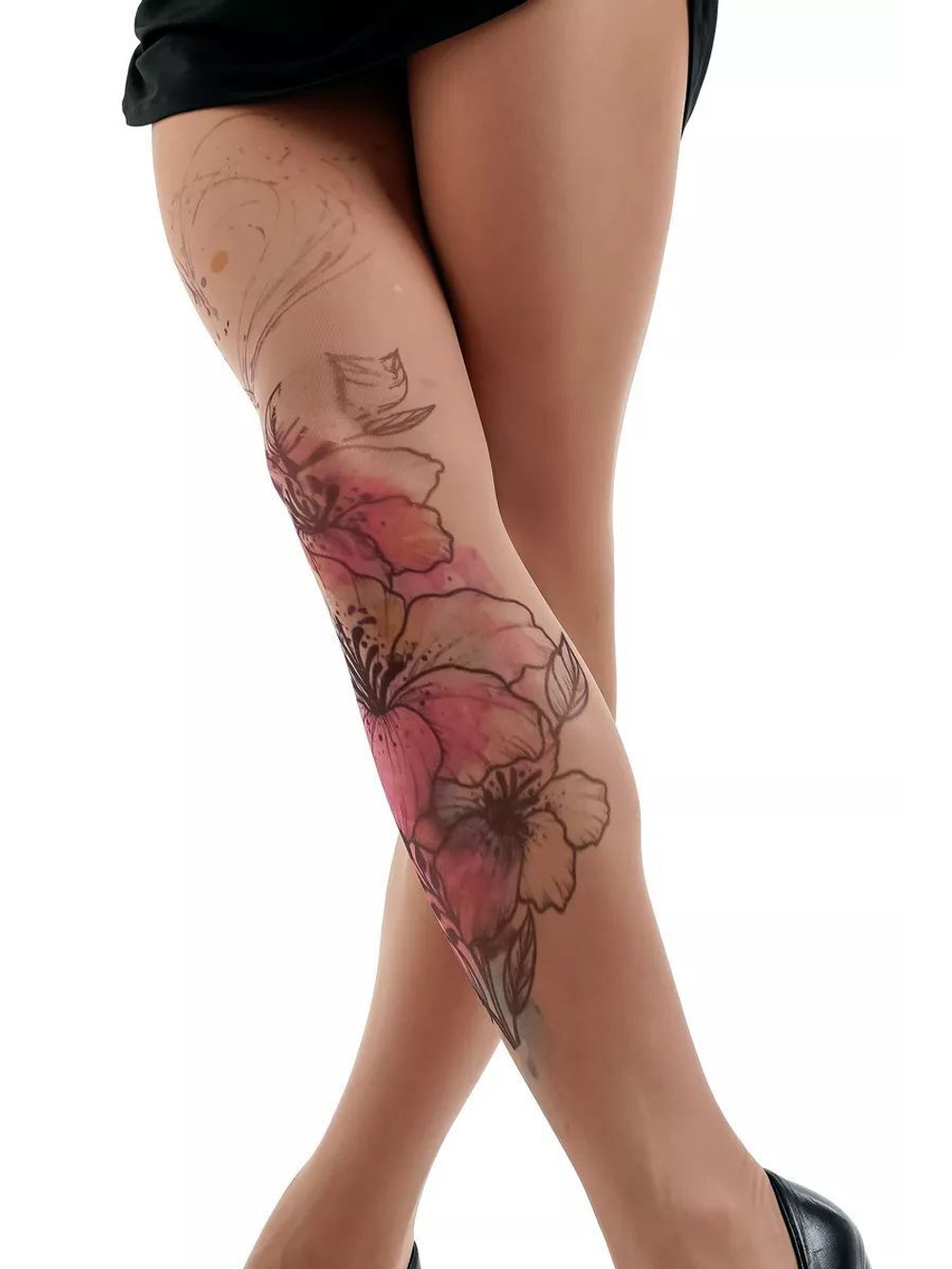 Колготки с принтом в виде цветов и сердца (Размер: S-M-L) (Цвет: бежевый)