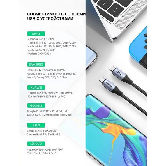 Кабель Ugreen US355 USB Type-C - USB Type-C M/M 1м (80150) черный