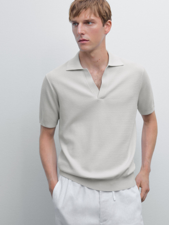 Massimo Dutti Вязаная футболка-поло с V-образным вырезом, цвет льда