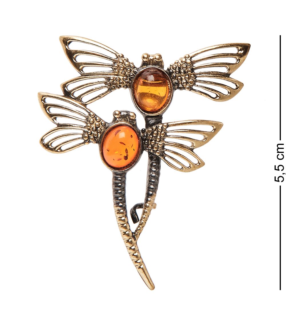 AM-2236 Брошь «Стрекозы» (латунь, янтарь)