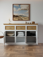 Комод, 145х38х87, Ландхаус, с ящиками, для одежды и игрушек, под телевизор, белый / бейц, Dipriz