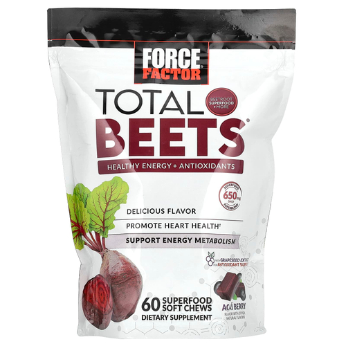 Force Factor, Total Beets®, здоровая энергия и антиоксиданты, ягоды асаи, 60 жевательных таблеток Superfood