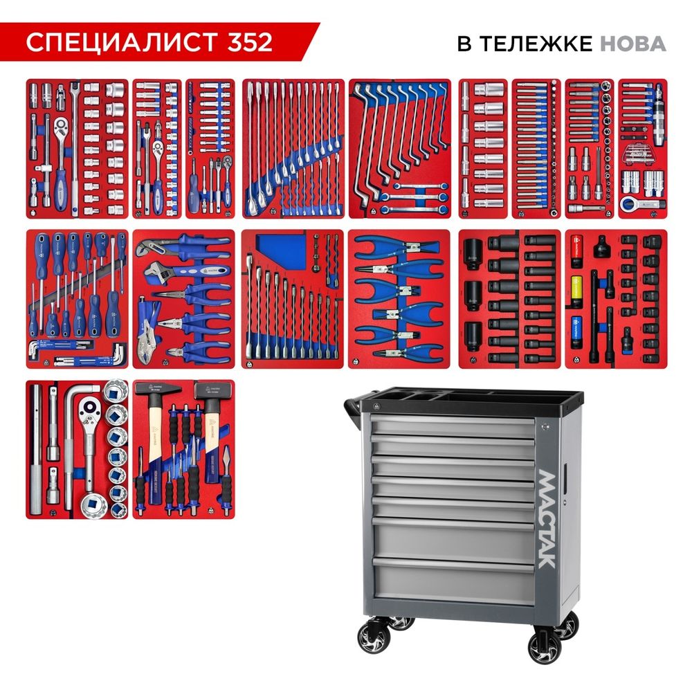 МАСТАК (50-07352G) Набор инструментов 352 предмета, "СПЕЦИАЛИСТ 352", в серой тележке
