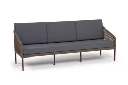 "Канны" диван 3-местный плетеный из роупа, каркас алюминий коричневый (RAL8016) муар, роуп коричневый круглый, ткань темно-серая 027