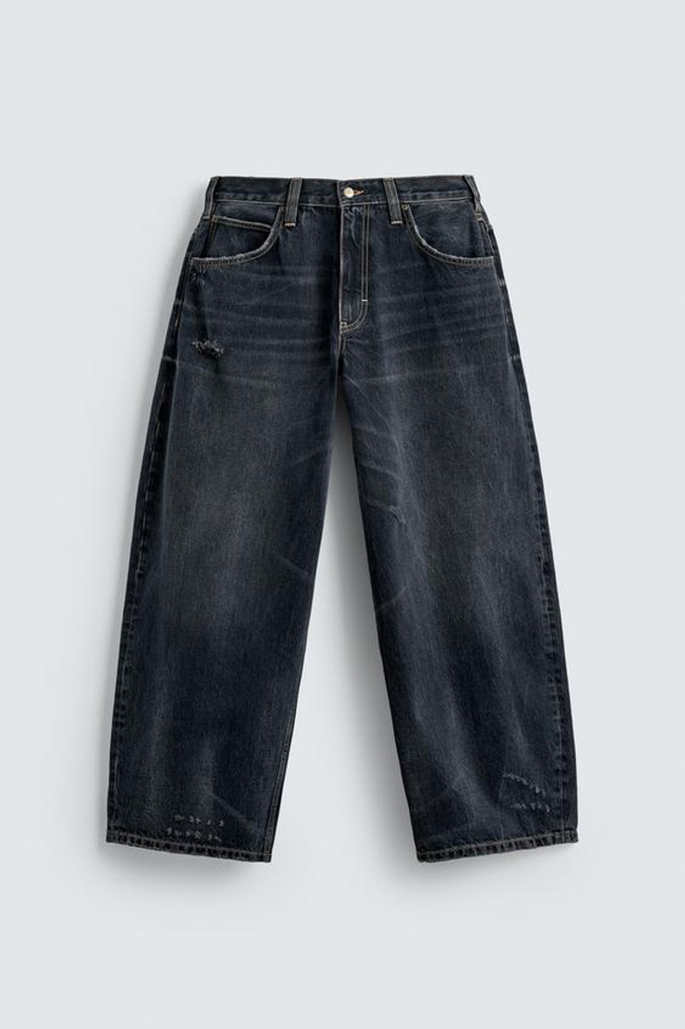 ZARA ДЖИНСЫ BALLOON FIT С ЭФФЕКТОМ ПОТЕРТОСТИ, СЕРО-СИНИЙ