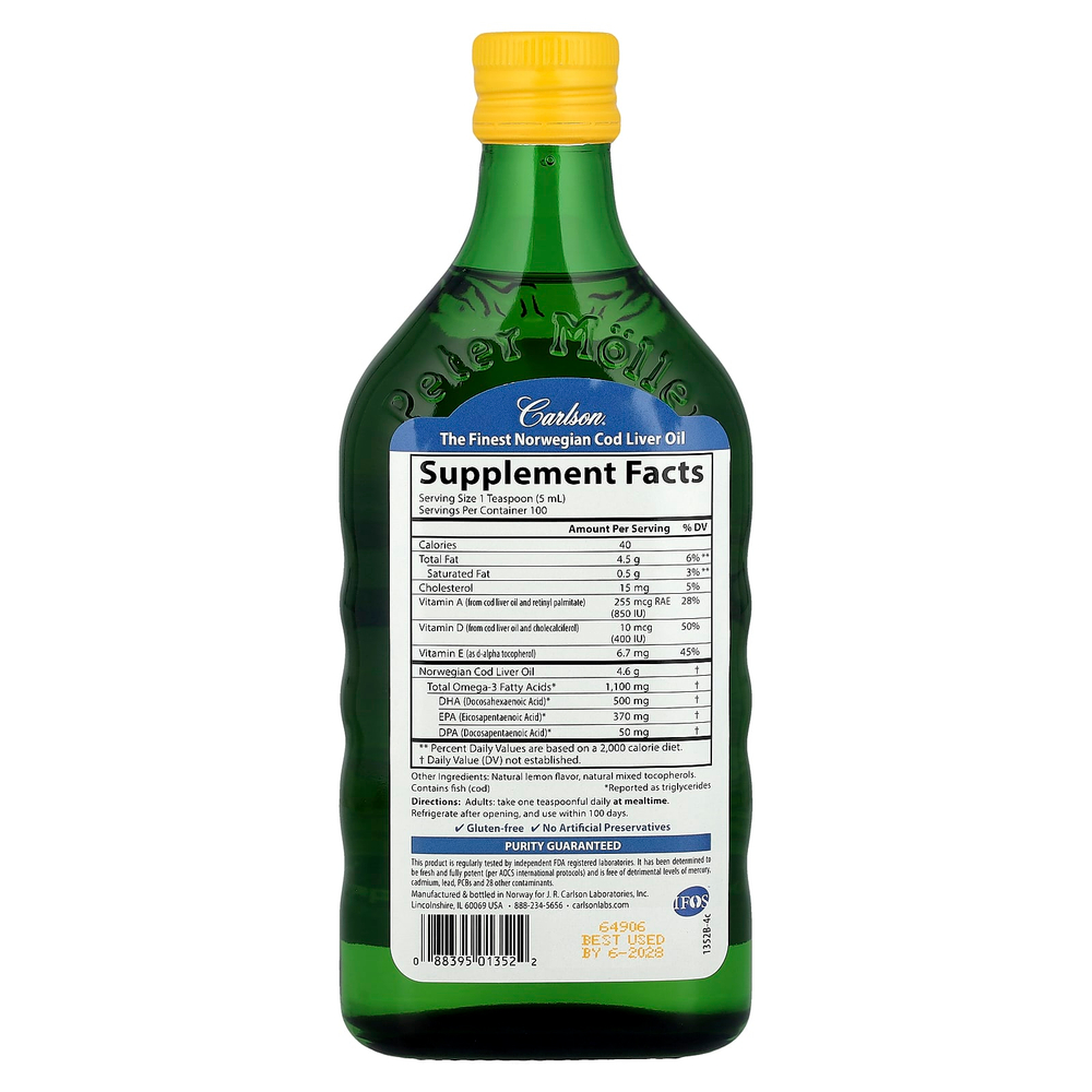 Carlson, жир печени дикой норвежской трески, натуральный лимон, 500 мл (16,9 жидк. унции)