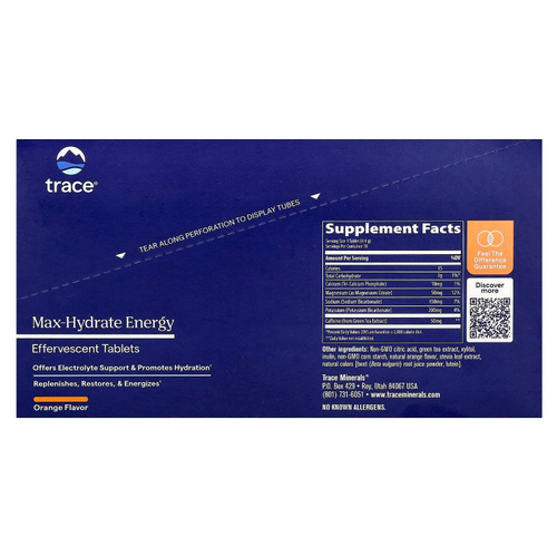 Trace, Шипучие таблетки Max-Hydrate Energy, апельсин, 8–10 таблеток в тюбиках по 44 г (1,55 унции)