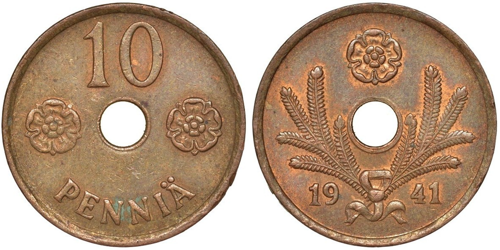 Финляндия 10 пенни, 1941-1943 Ветки сосны XF