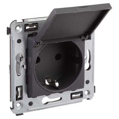 Розетка с крышкой в стену, 2P+E, с з/ш, "Avanti", "Черный матовый"