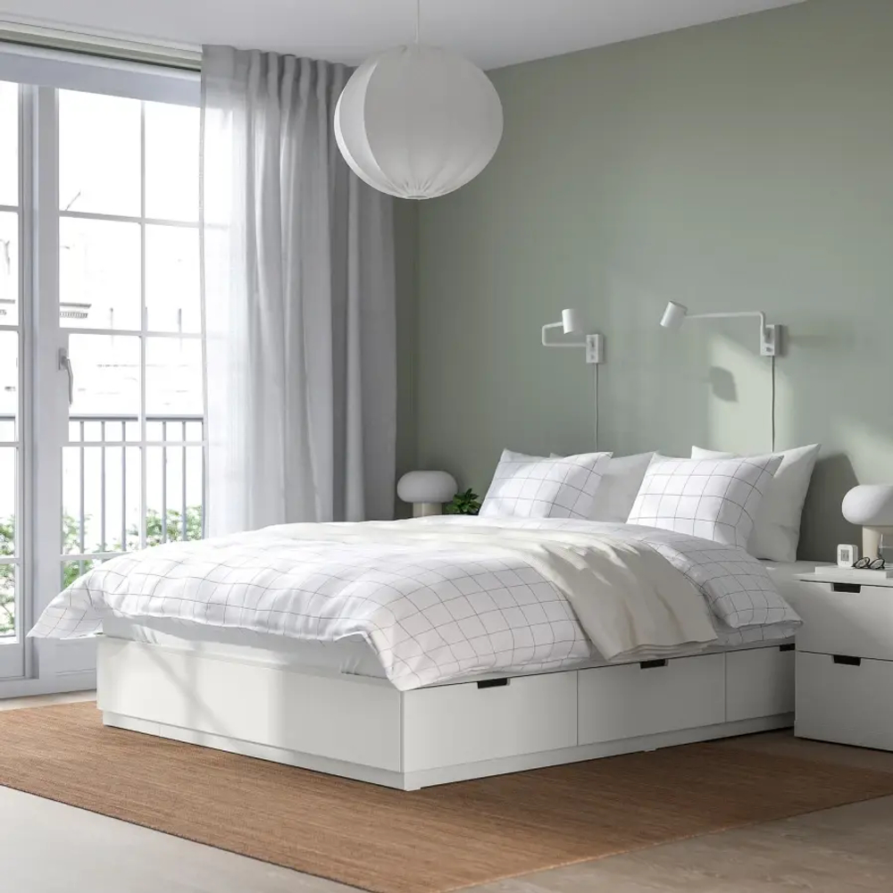 Каркас кровати с ящиком и матрасом - IKEA NORDLI, 200х140 см, матрас средне-жесткий, белый, НОРДЛИ ИКЕА