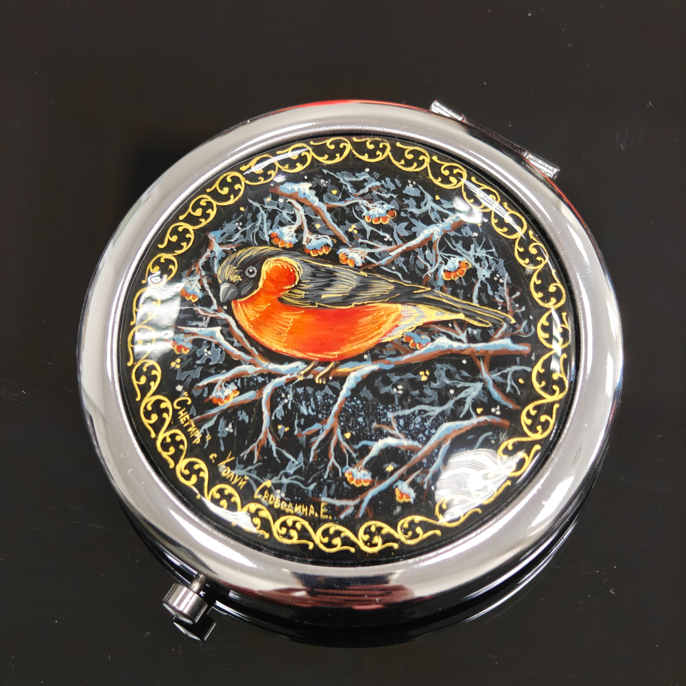 Сувенирное зеркальце с ручной росписью "Снегирь"