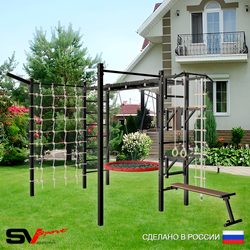 Уличная шведская стенка Sv Sport рукоход с комплектом турник прямой 2шт У5287 (Турник/Брусья/Стойка/Скамья/Гнездо 80см/Кронш бокс/Канат/кольца/лестница/Сетка)