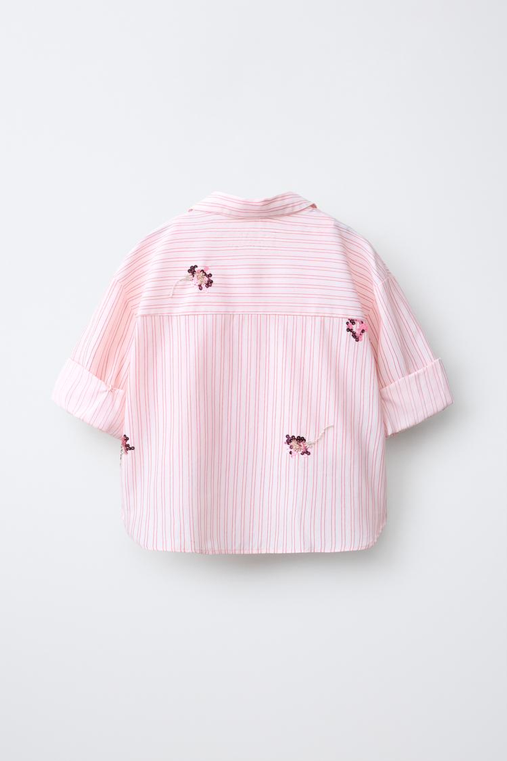 ZARA РУБАШКА И ТОП В ПОЛОСКУ С ЦВЕТАМИ И ПАЙЕТКАМИ, ПАСТЕЛЬНО-РОЗОВЫЙ