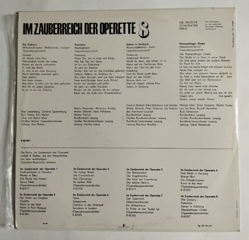 Винтажная виниловая пластинка LP Millocker, Nedbal, Raymond, Natschinski Im Zauberreich Der Operette В Волшебном Царстве Оперетты 8 (ГДР 1969)