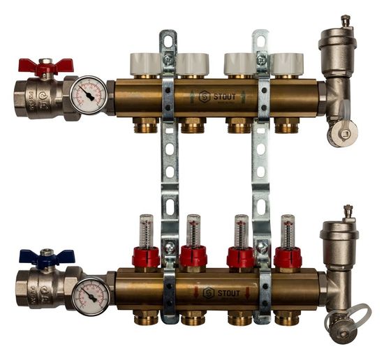 Коллектор Stout 1"x3/4" 4 контура с расходомерами в сборе из латуни SMB-0473-000004