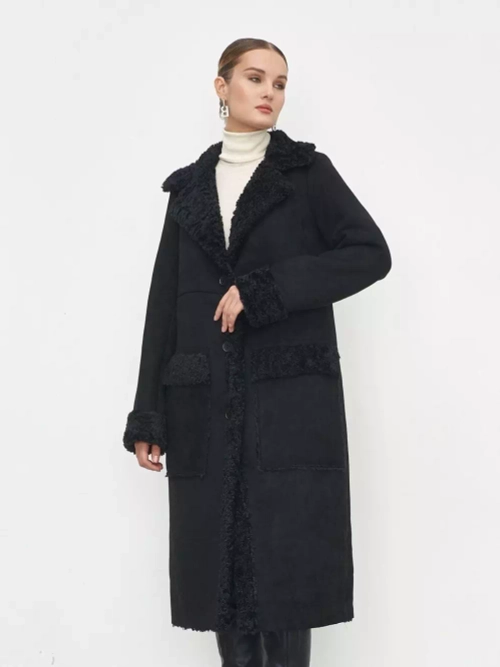 Эко дубленка женская длинная из искусственного меха, черная, SilverFox (арт. S1023bi)