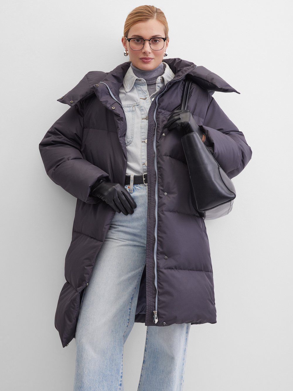 NEW❤️ MIDI пуховик с объемным капюшоном, DARK GREY🌚🌚🌚