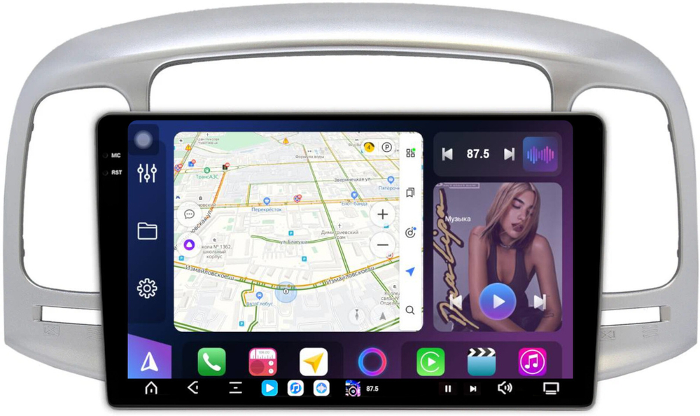 Магнитола для Hyundai Verna 2006-2010 (рамка серебро) - FarCar XXL3009M монитор 9.5" 2K QLED на Android 14, TS20, 8+256Гб, CarPlay, 4G SIM-слот