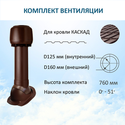 Комплект вентиляции: Вентиляционный выход изолированный D125/160 утепленный высота H=700 мм, проходной элемент ТР-87/К для скатной кровли металлочерепицы Каскад, колпак вентиляционный D160 мм, коричневый