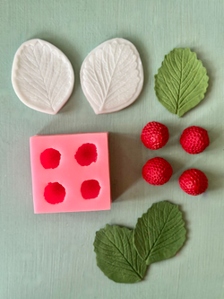 Молды силиконовые для лепки Клубники и земляники: листик с контуром и ягодки 4 шт / фактурная форма для листьев из полимерной глины, холодного фарфора, воска и фоамирана