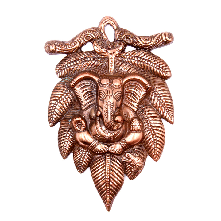 Панно настенное Ганеш на резном листе металл силумин (символ процветания и мудрости) 14x22 см