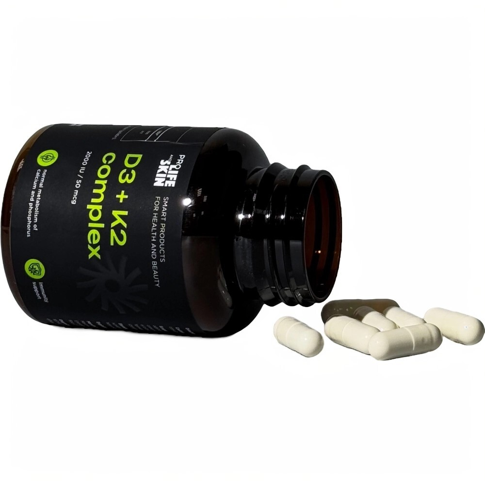 В одной капсуле D3 + K2 Complex содержится 2000 МЕ D3 + 50 мг К2