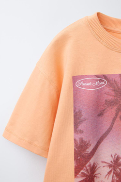 ZARA ФУТБОЛКА С ПРИНТОМ «ПАЛЬМОВЫЙ ЛИСТ», ОРАНЖЕВЫЙ