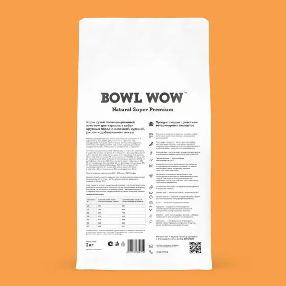 Bowl wow корм сухой для взрослых собак крупных пород: индейка, курица, рис, тыква