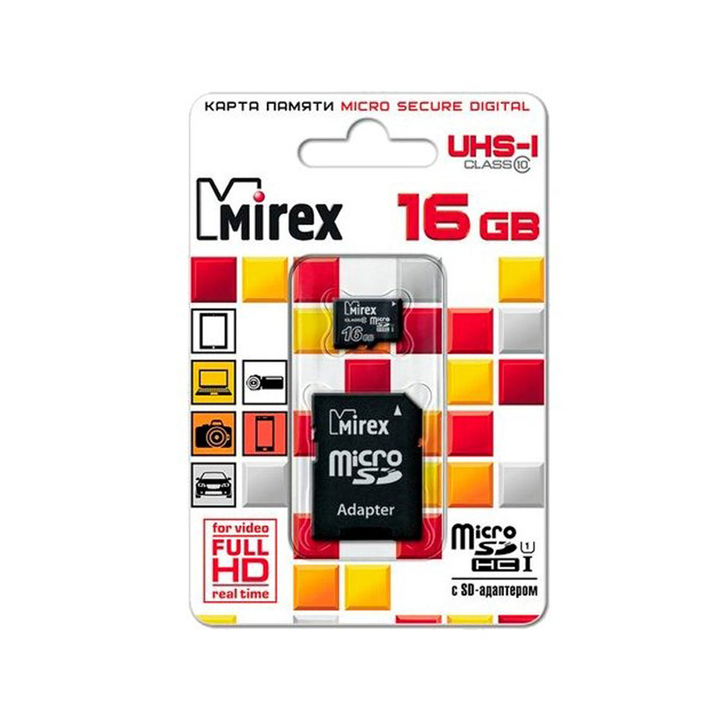Карта памяти Mirex MicroSDHC 16Gb class 10 + адаптер RTL