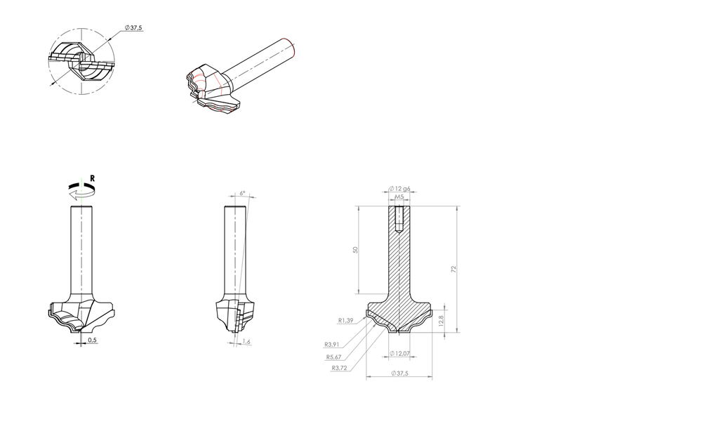 PCD концевая фреза D.37.5x12.8 S.12x50 Z=1+1 RH