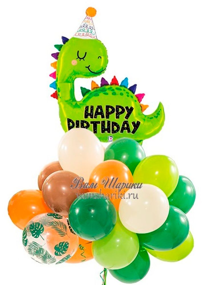 Зеленые и оранжевые шарики с гелием с динозавриком на День Рождения