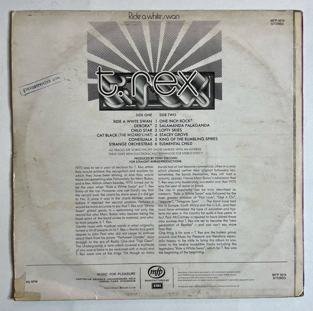 Винтажная виниловая пластинка LP T. Rex Ride A White Swan (UK 1972)