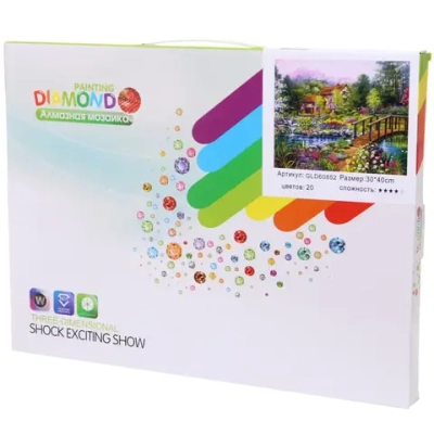 Алмазная мозаика на подрамнике с полным заполнением «МИР ЯРКИХ КРАСОК», домик у озера, 30*40см