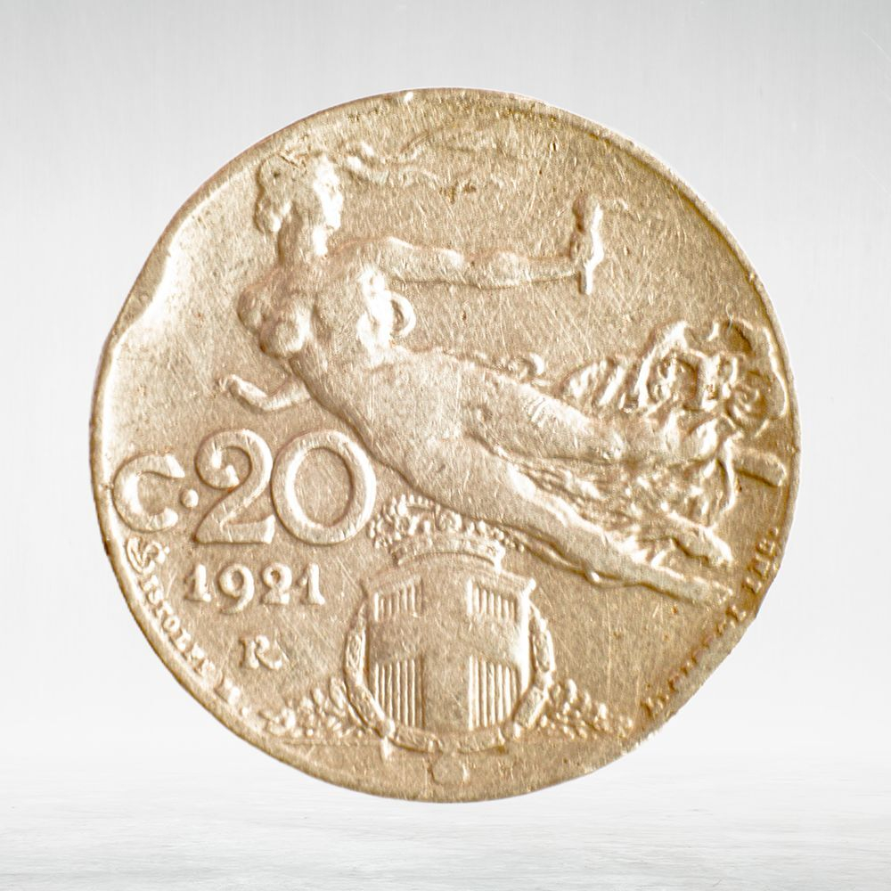 Italy 20 Centesimi 1921 R "Liberty in Flight - Ear of Wheat", VF