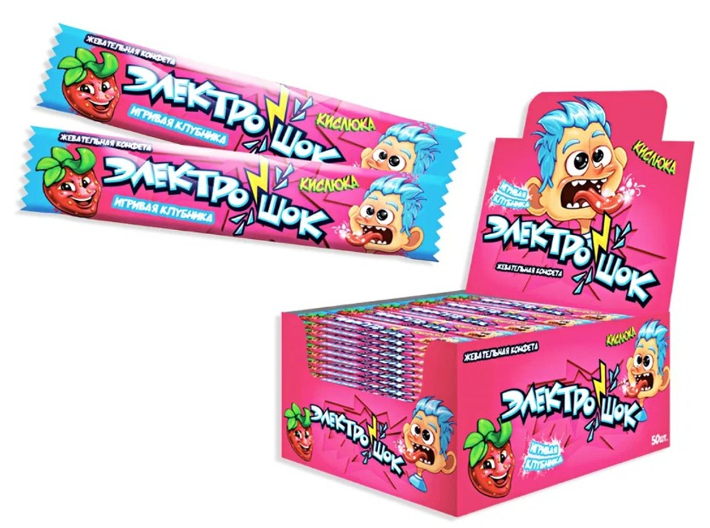 Жевательная конфета с начинкой с ароматом клубники "Электрошок" 50*20гр