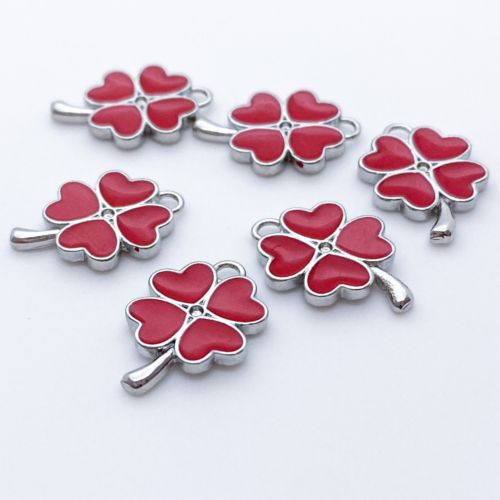 Подвеска Клевер, цвет серебро+красный, размер 17*11 мм, цена за 1 шт