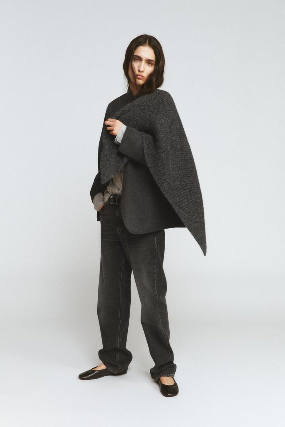 ZARA БЛЕЙЗЕР ИЗ СМЕСОВОЙ ШЕРСТИ С ПЛАТКОМ — ZW COLLECTION, ТЕМНО-СЕРЫЙ