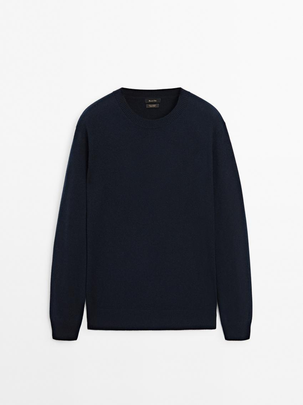 Massimo Dutti Джемпер из 100% кашемира с круглым вырезом, темно-синий