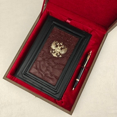 Набор "Ежедневник "Герб РФ" (триколор) из натуральной кожи со съемной обложкой и ручкой"