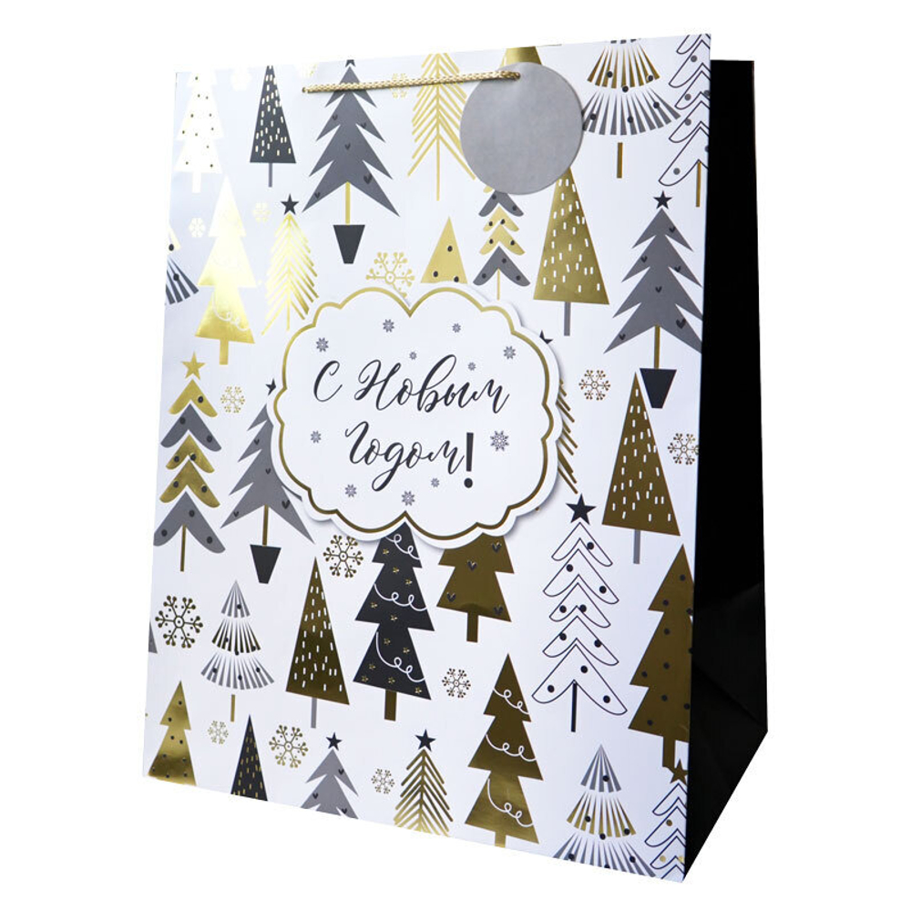 Пакет подарочный "С Новым Годом! Золотые елочки" Тиснение фольгой  39*25*50 см