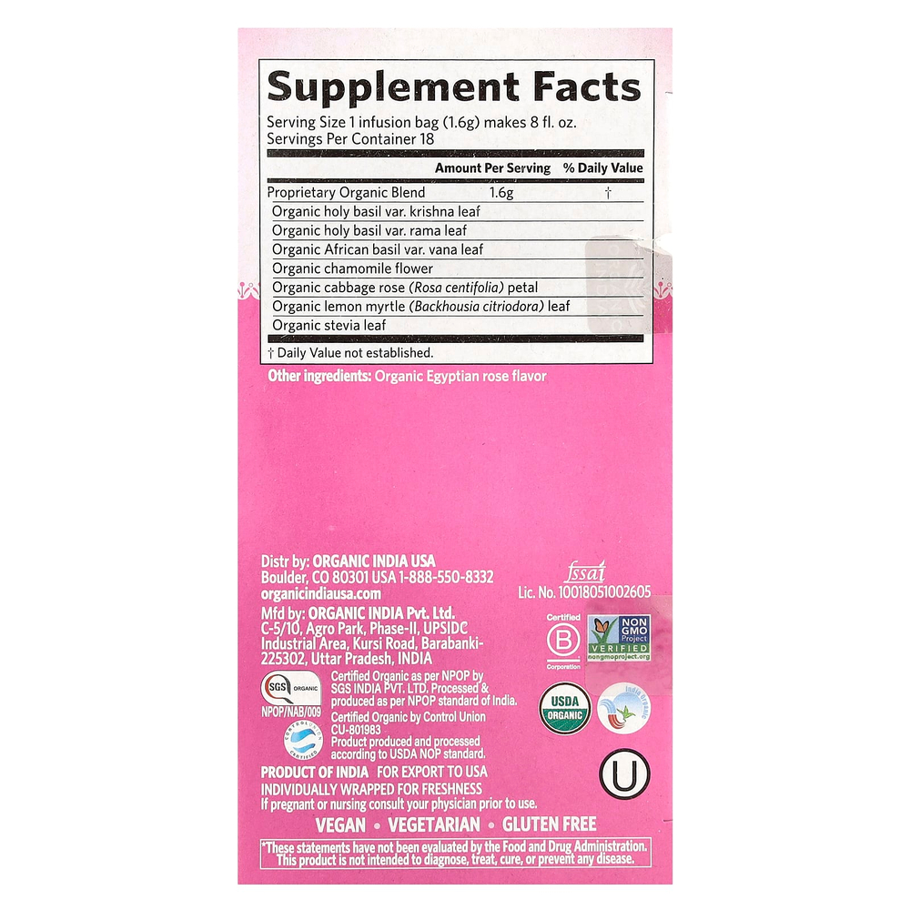 Organic India, чай с сладкой розой, тулси, без кофеина, 18 пакетиков для заваривания, 28,8 г (1,01 унции)