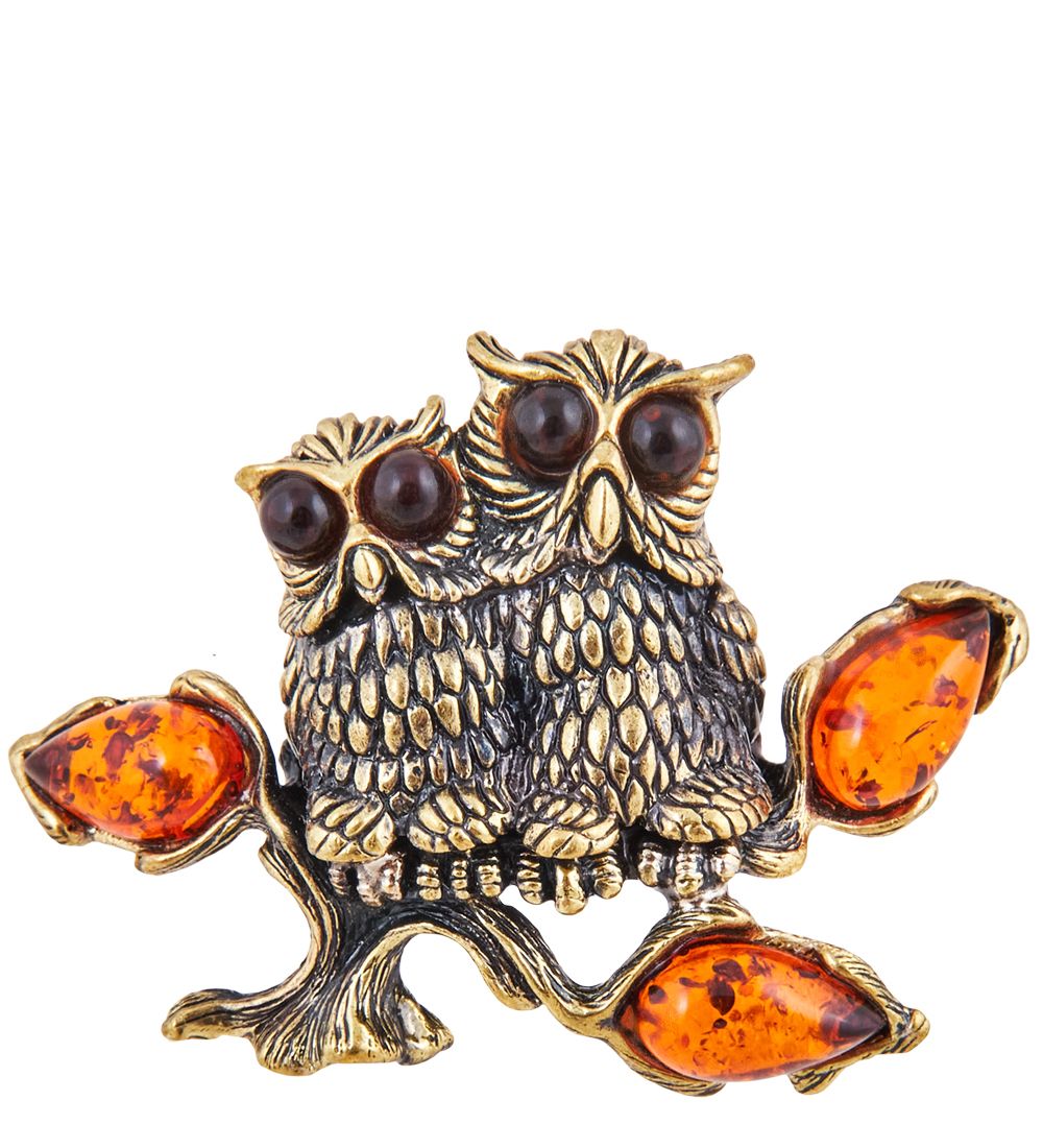 Народные промыслы AM-3710 Фигурка «Совушки вместе навсегда на ветке» (латунь, янтарь)